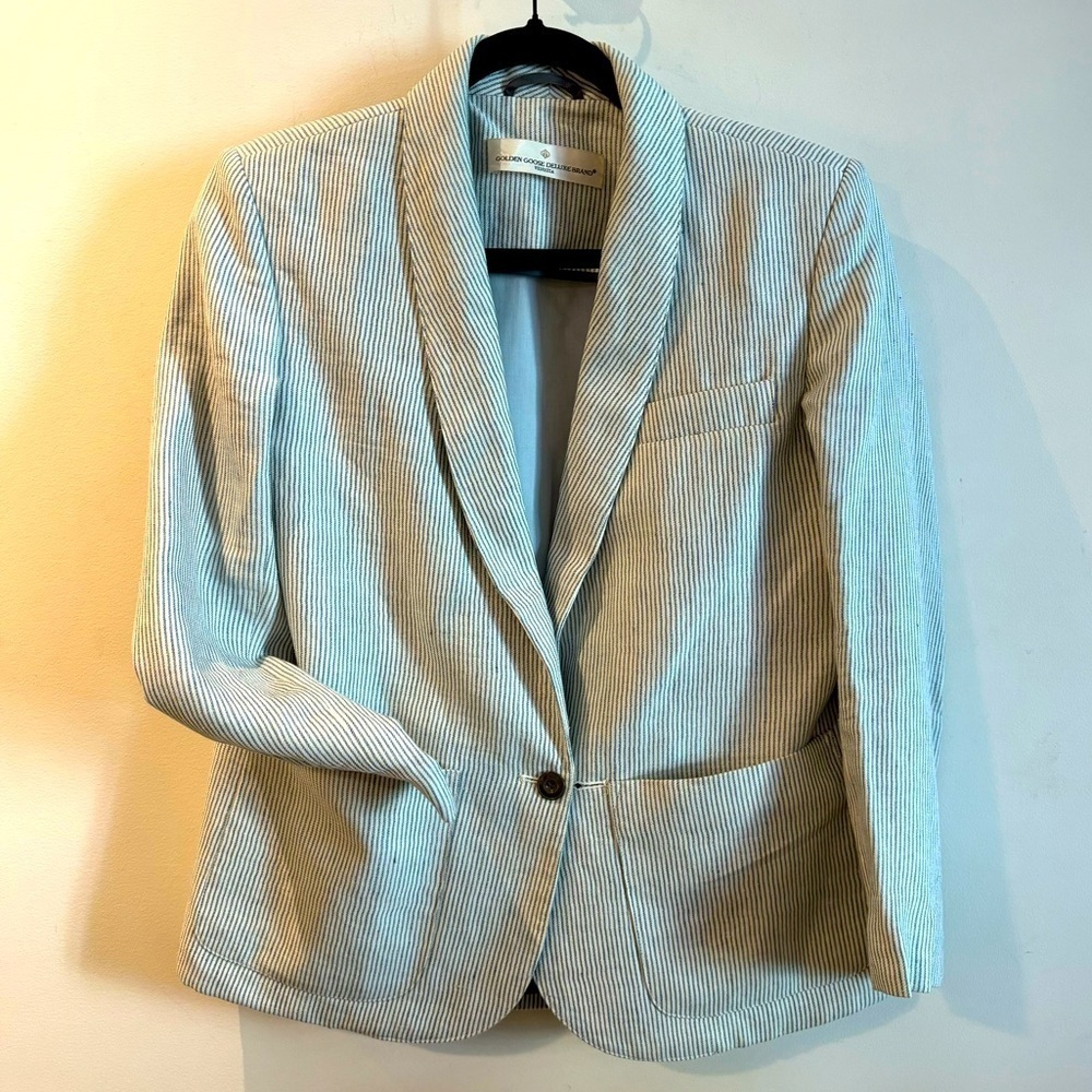 GOLDEN GOOSE DELUX COLLECTION Sz L Pin Stripe 100% Linen Lined Seersucker - Picture 1 of 11